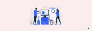 Illustration of professionals analyzing data charts and dashboards on computers and mobile devices, symbolizing best field management software and automated expense management solutions for Indian startups.