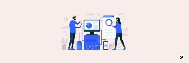 Illustration of professionals analyzing data charts and dashboards on computers and mobile devices, symbolizing best field management software and automated expense management solutions for Indian startups.
