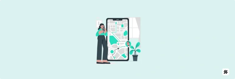 Illustration of a woman using a mobile phone showing a field staff’s live GPS location on a digital map, representing modern field staff tracking app capabilities used by Indian SMEs in 2025 for improving productivity and sales force management.