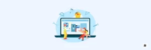 Illustration of technicians using a large laptop interface, surrounded by tools, symbolizing field force automation and e-learning integration in appliance repair services for smart, on-site training and task management.