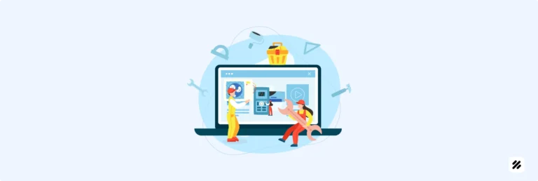 Illustration of technicians using a large laptop interface, surrounded by tools, symbolizing field force automation and e-learning integration in appliance repair services for smart, on-site training and task management.