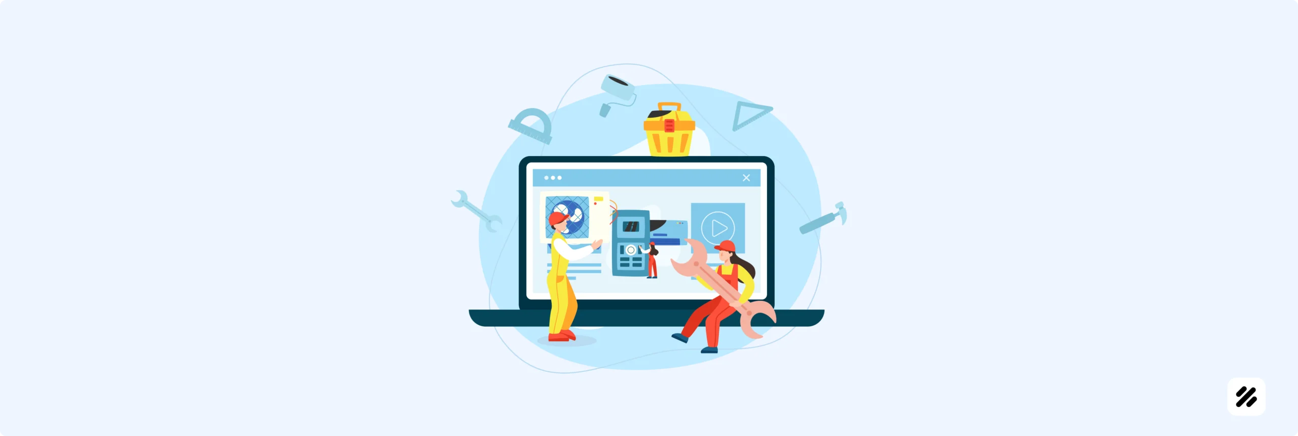 Illustration of technicians using a large laptop interface, surrounded by tools, symbolizing field force automation and e-learning integration in appliance repair services for smart, on-site training and task management.