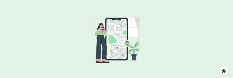 Illustration of a woman tracking a field employee using a mobile GPS-enabled map on a smartphone — representing field force automation and real-time employee tracking