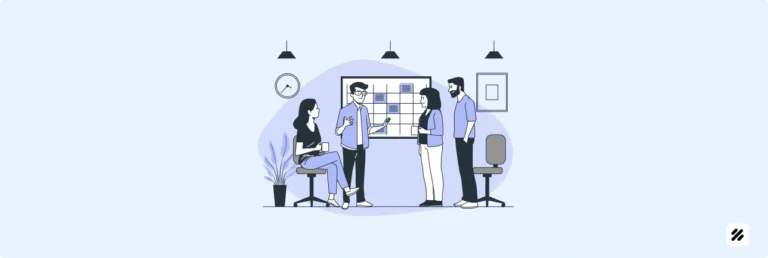 Sales team collaborating around a meeting schedule board, showcasing how Field Sales Automation improves coordination, productivity, and customer interactions.