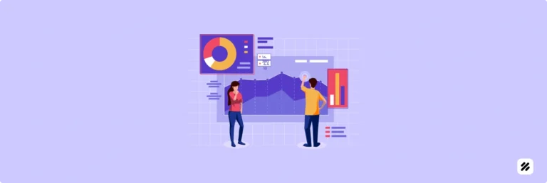 Illustration of two sales managers analyzing performance dashboards and real-time data insights to improve team tracking and field performance.