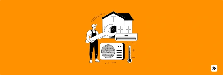Illustration of a technician with HVAC tools in front of a house, symbolizing route optimization and efficient field service delivery using MyFieldHeroes software.