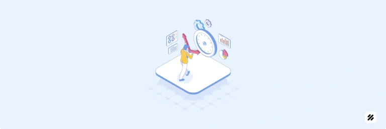 Illustration showing a person analyzing a large digital stopwatch with charts, graphs, and analytics icons. This visual symbolizes modern work tracking software and employee GPS tracking used to monitor productivity, timelines, and compliance in hybrid field teams. Ideal for blogs about remote team management and digital workforce optimization in 2025 by MyFieldHeroes.