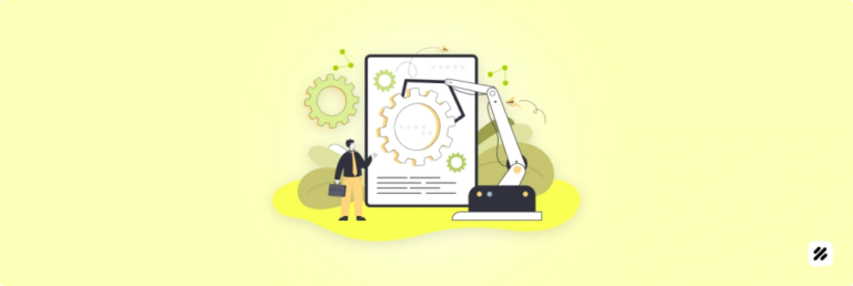 Illustration of manager using field force automation software with robotic arm and gears to meet India's new labor compliance requirements in 2025