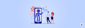 Illustration of a robot on a smartphone showing on-device AI for offline field force automation, with two field staff standing beside it.