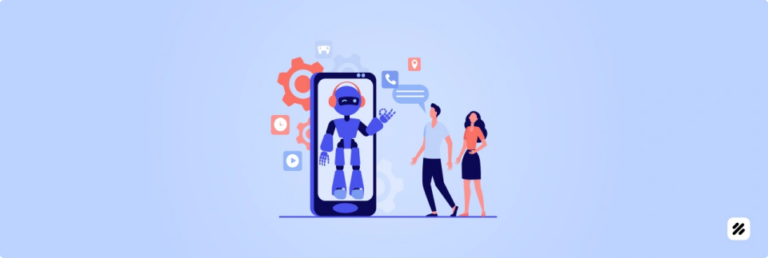 Illustration of a robot on a smartphone showing on-device AI for offline field force automation, with two field staff standing beside it.
