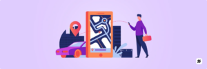 Illustration of a smartphone map pinpointing a field worker and vehicle, symbolizing a NavIC and UWB enabled field staff tracking app with 10 cm accuracy.