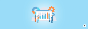 Illustration of managers reviewing a digital dashboard with bar chart, pie chart and gears representing automated Sales Force Management tools for autonomous field teams in 2025.