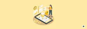 Illustration of a woman analyzing a digital map and business analytics on a giant mobile screen, symbolizing sales force management and field staff tracking app technology empowering SMEs in 2025.