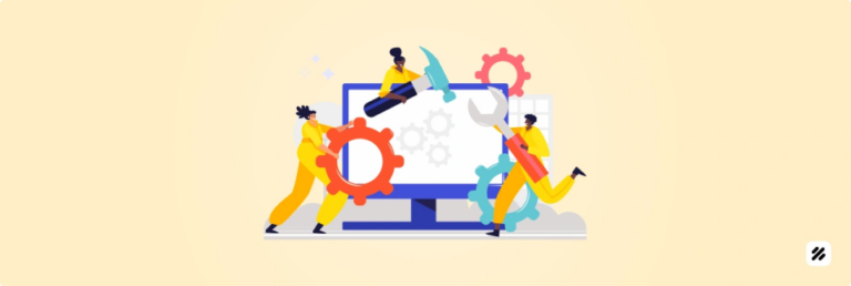 Illustration of technicians with gears, hammer and wrench using Service Management Software to reduce on-site repair downtime.