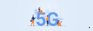 Illustration of mobile professionals around a large “5G” logo, highlighting network slicing benefits for sales force management and automated expense management apps.
