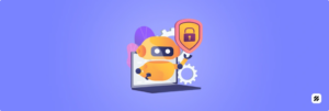 Robot holding a security shield beside a laptop, symbolizing AI fraud detection for automated expense management in field operations.