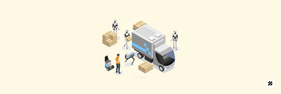AI robots and staff loading a delivery truck, illustrating automated expense management during 2025 fuel price volatility