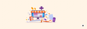 Automated expense management for Pharma & FMCG with employee GPS tracking—computer, pills, receipts, and coins illustration.