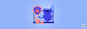 AI robot with security shield, gears, and laptop showing automated expense management with real-time mobile expense tracking for field teams.