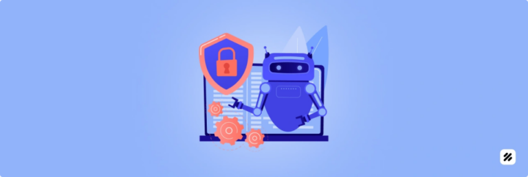 AI robot with security shield, gears, and laptop showing automated expense management with real-time mobile expense tracking for field teams.