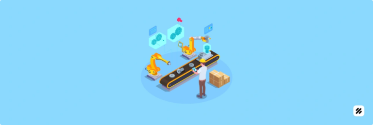 Illustration of engineer overseeing robotic arms and a conveyor with digital dashboards—DevOps pipelines speeding field force automation.