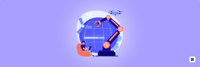Field Force Automation in pharma: person on laptop with robotic arm, globe, satellites, and drone illustrating efficient prescription distribution.