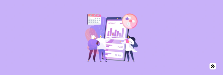 Illustration of a field staff tracking app on a phone showing schedule, charts, and pill icon for rural pharma teams.