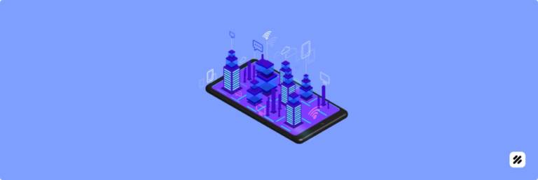 Isometric smart city on a smartphone with connectivity icons, representing predictive routing and Field Force Automation in urban logistics.