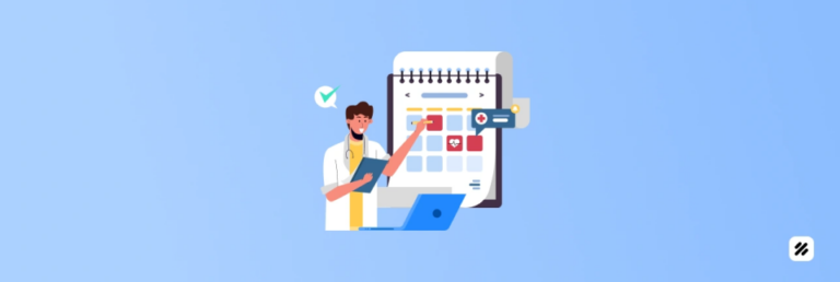 Doctor reviews a digital shift calendar on a laptop, coordinating real-time employee tracking and on-call schedules for 24/7 patient care.