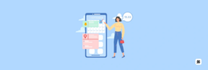 Illustration of employee GPS tracking app with on-site booking proof – woman marking a calendar on a large smartphone screen, representing clean KYC, photo evidence, and OTP verification for compliance.