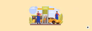 Field technicians logging fuel expenses at a gas station via mobile app with geo-tagged receipt and auto-mileage capture.