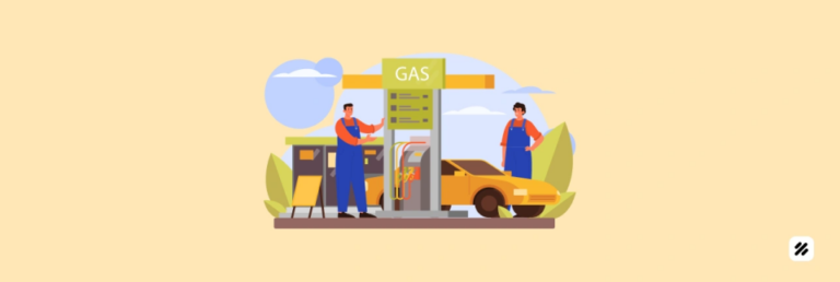 Field technicians logging fuel expenses at a gas station via mobile app with geo-tagged receipt and auto-mileage capture.