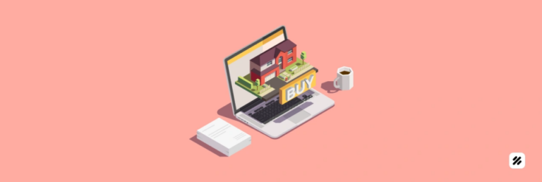 Laptop showing a house model and “BUY” sign, representing the best field service management software for real estate broker network visibility by MyFieldHeroes.