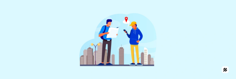 Two contractors using a phone and a map with a location pin employee gps tracking app for verified site visits and lone-worker safety.