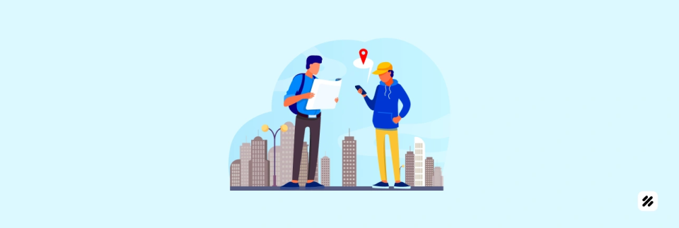 Two contractors using a phone and a map with a location pin employee gps tracking app for verified site visits and lone-worker safety.
