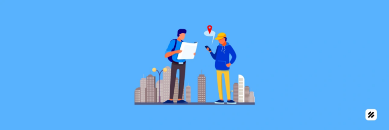 Real estate field team using a geofence time clock app to verify on-site attendance with a GPS pin over a city background.