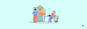 Illustration of a manager checking a map pin on a smartphone and a coordinator on a laptop, symbolizing an employee GPS tracking app with photo and OTP verification for first-time-right installs.