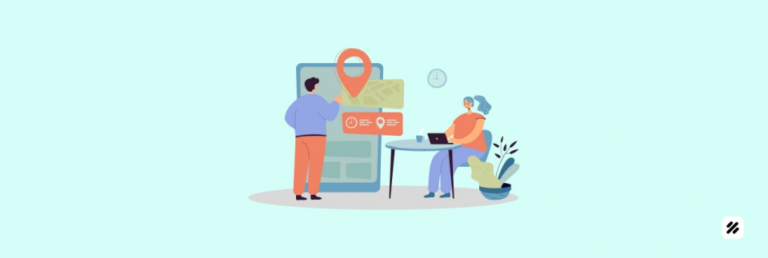 Illustration of a manager checking a map pin on a smartphone and a coordinator on a laptop, symbolizing an employee GPS tracking app with photo and OTP verification for first-time-right installs.