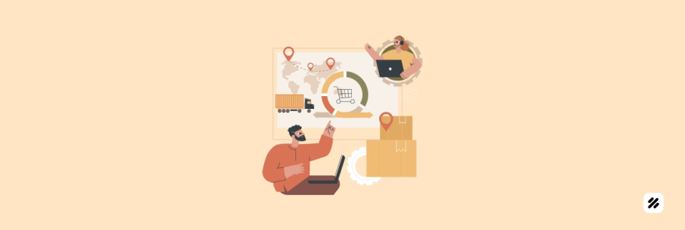 Illustration of a field staff tracking app verifying counter calls with map pins, routes, cartons, and laptops in wholesale distribution.