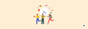Illustration of a field team rushing around a clock, showing a geofence time clock that verifies call time and route compliance in MyFieldHeroes.