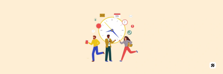 Illustration of a field team rushing around a clock, showing a geofence time clock that verifies call time and route compliance in MyFieldHeroes.