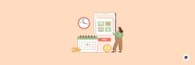 Illustration of a gps timesheet app with clock, calendar, pay button, coins, and a field agent, showing GPS-verified employee time tracking for POSP and DSA payroll.