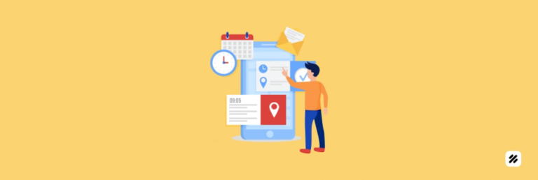 Illustration of a GPS timesheet app with clock, calendar and location pin for RERA, stamp duty and registry tasks in India.