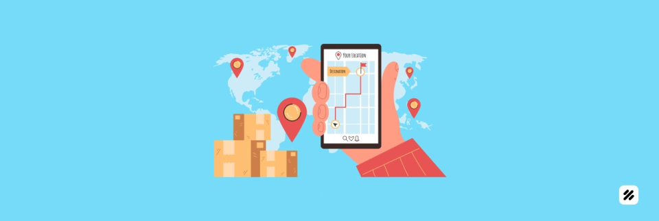 Illustration of a location tracking app for employees with route map, depot pins, and parcels for inter-depot transfers.