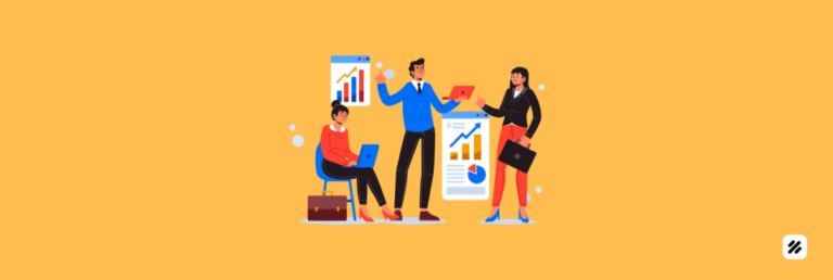 Illustration of a sales team reviewing growth charts and field performance to improve beat-wise productivity with a sales force management system.