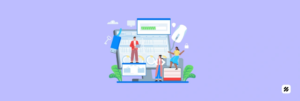 Illustration of technicians and managers using a service management software dashboard with mobile app, checklists, spare parts icons and secure digital sign off.