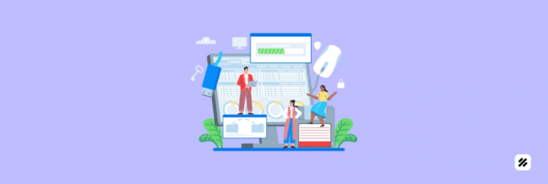Illustration of technicians and managers using a service management software dashboard with mobile app, checklists, spare parts icons and secure digital sign off.
