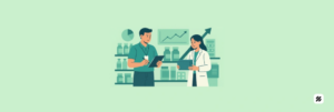 Two pharmacy professionals review a tablet in a medicine store with a growth chart, showing field force automation for FMCG and Pharma.