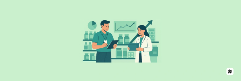 Two pharmacy professionals review a tablet in a medicine store with a growth chart, showing field force automation for FMCG and Pharma.