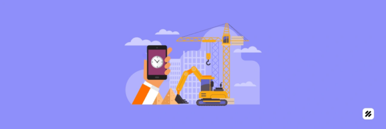 Construction site with crane and excavator and a hand holding a smartphone time clock, illustrating a geofence time clock for verified on-site attendance